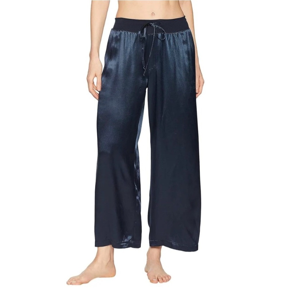 Pj Harlow Jolie Capri Satin Ankle Pants Sz L Loose Relaxed Fit Navy Blue Pajama‎